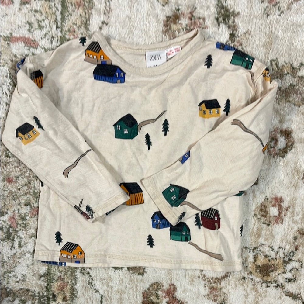 Zara Kids Beige Long Sleeve Shirt with Colorful House Print